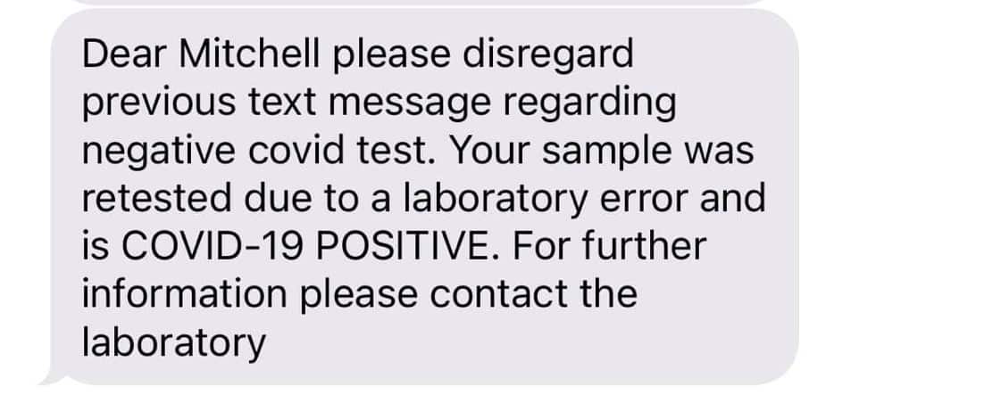 A message received telling a patient to disregard their negative COVID-19 test.