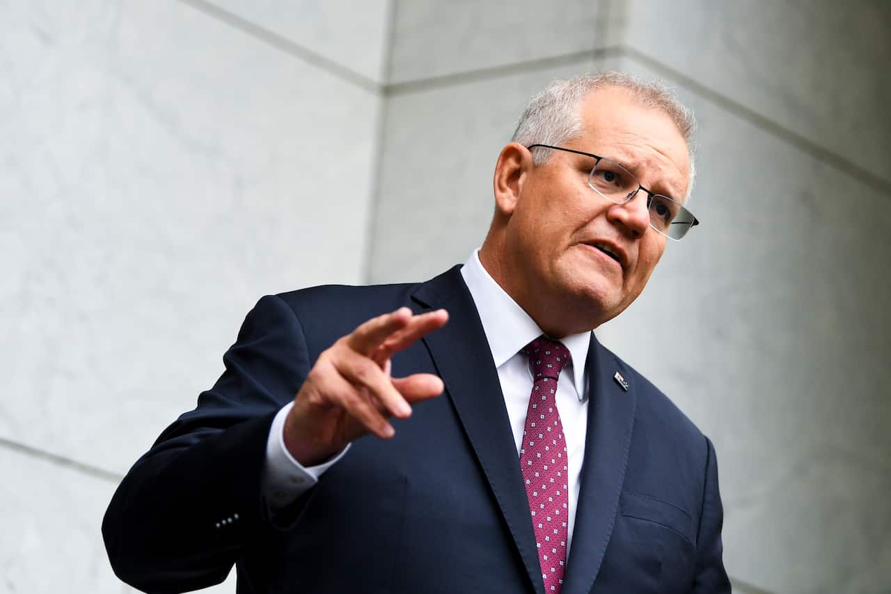 Australian Prime Minister Scott Morrison speaks to the media during a press conference at Parliament House in Canberra, Wednesday, March 17, 2021. (AAP Image/Lukas Coch) NO ARCHIVING