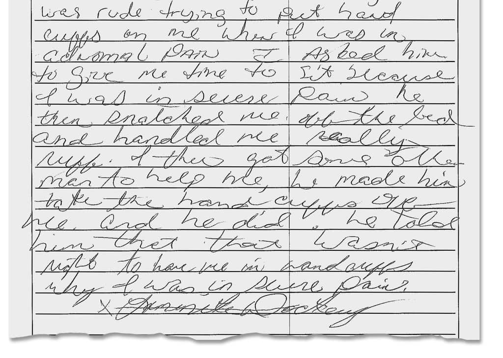 A complaint made by Ms Dockery after she was shackled to a bed.