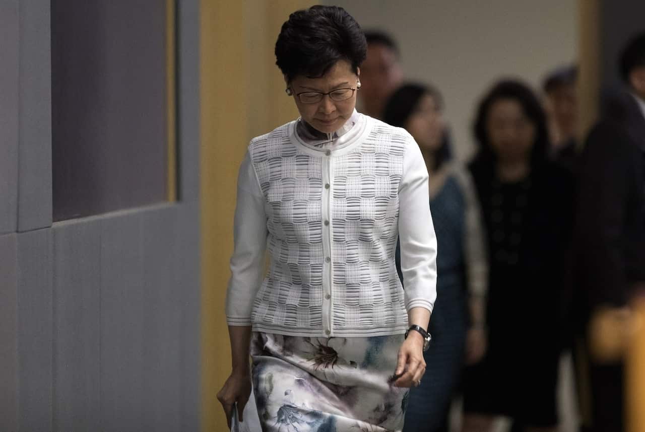 Hong Kong Chief Executive Carrie Lam Cheng Yuet-ngor arrives for a press conference at the Central Government Headquarters in Hong Kong, China, 15 June 2019. 