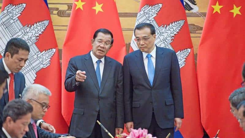 Cambodia’s Prime Minister Hun Sen and Chinese Premier Li Keqiang at the Great Hall of the People in Beijing, China. The two nations are close allies.