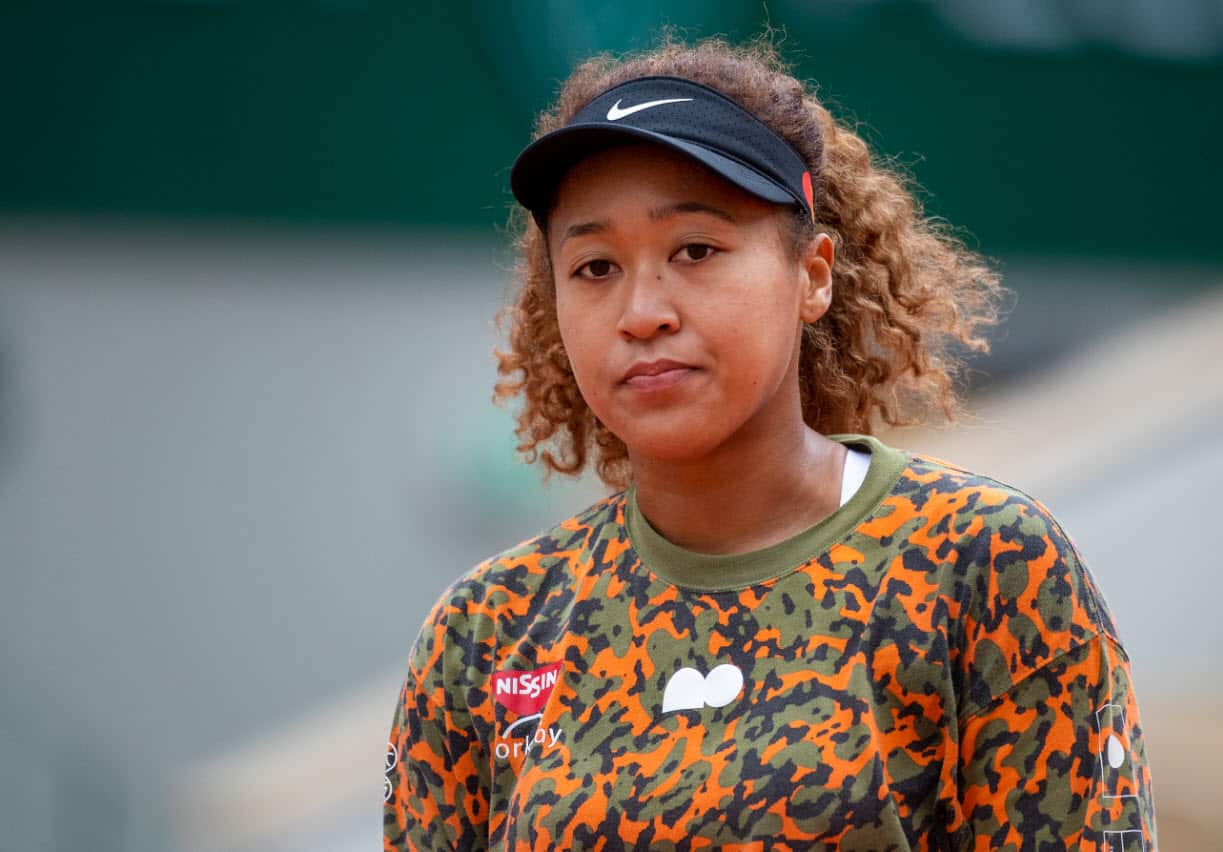Naomi Osaka during a practice match against Ashleigh Barty in preparation for the 2021 French Open.