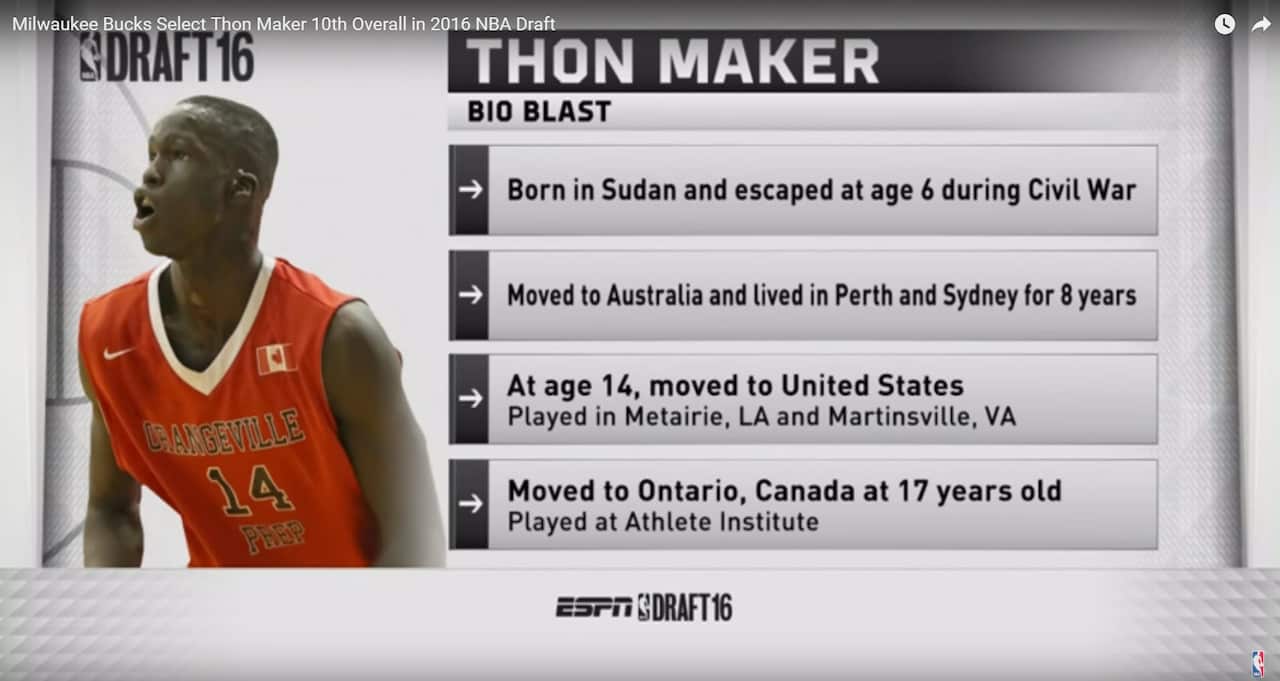 Thon Maker, a South-Sudanese player from Perth, was the 10th player picked in the United States' National Basketball Association draft in 2016. 