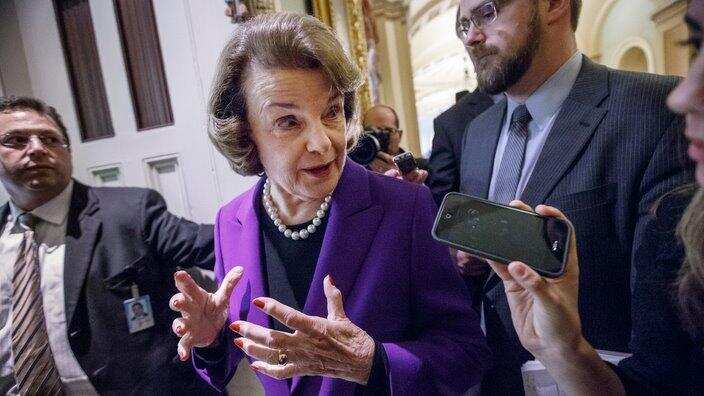 Sen Dianne Feinstein, speaks to reporters.