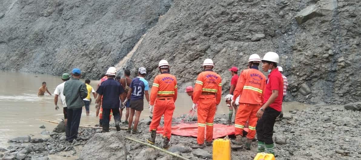 A rescue operation under way at a jade mine in Myanmar after a landslide struck