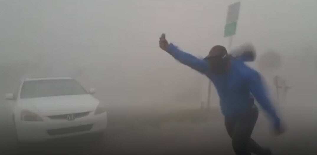 Weather Channel reporter facing severe winds in Hurricane Irma.