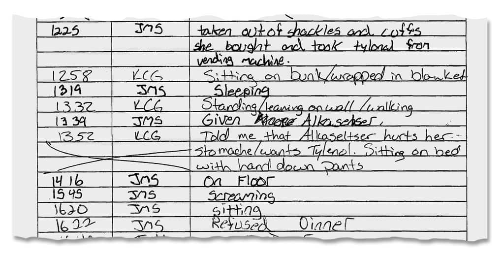 Notes kept by workers on Ms Dockery’s condition.