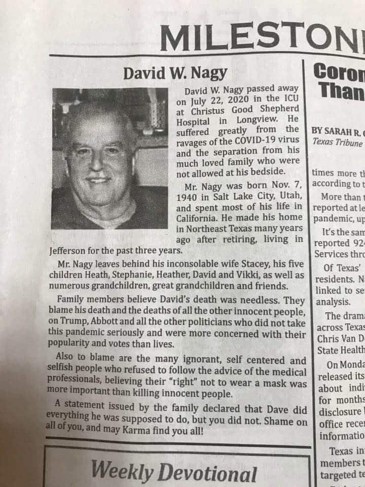 David W. Nagy's obituary published in the Texas newspaper Jefferson Jimplecute.