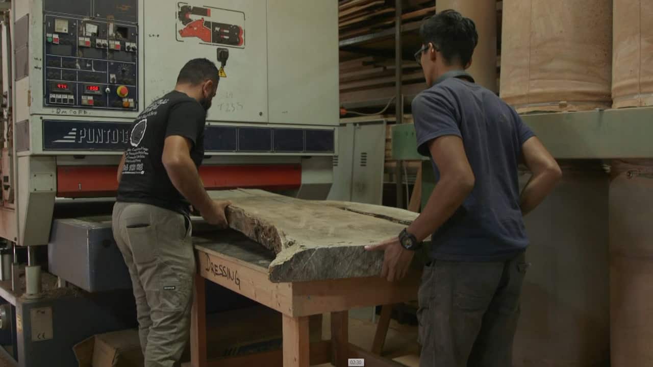 The timber slabs being levelled at the Go Natural Timbers factory