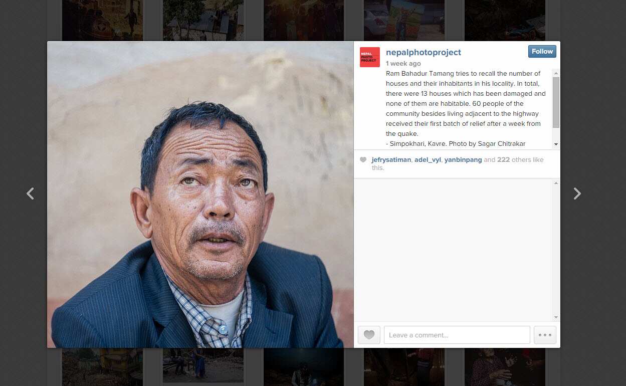 Ram Bahadur Tamang tries to recall the number of houses and their inhabitants in his locality. In total, there were 13 houses which has been damaged and none of them are habitable. Photo by@blindmanche Nepal Photo Project 