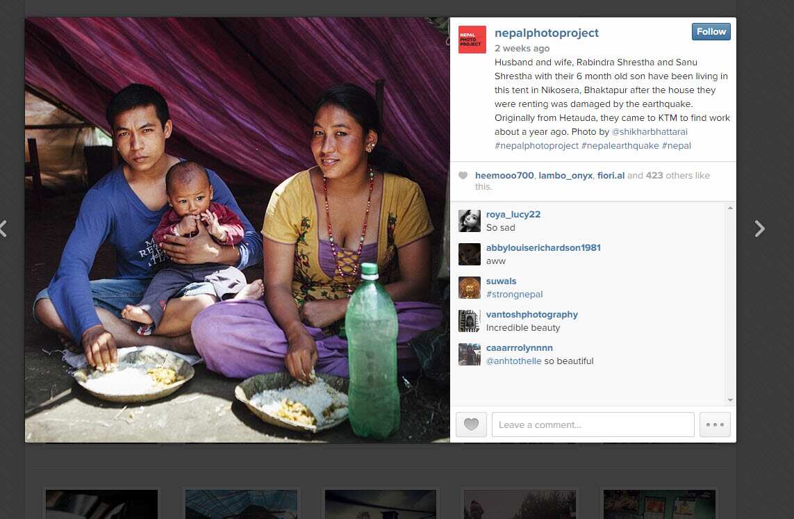 Husband and wife, Rabindra Shrestha and Sanu Shrestha with their 6 month old son have been living in this tent in Nikosera, Bhaktapur after the house they were renting was damaged by the earthquake. Photo by @shikharbhattarai Nepal Photo Project