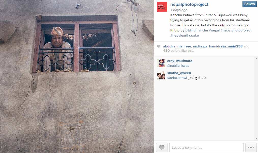 Kanchu Putuwar from Purano Gujeswori was busy trying to get all of his belongings from his shattered house. It's not safe, but it's the only option he's got. Photo by @blindmanche Nepal Photo Project