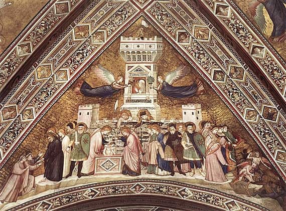 One of four 14th century Franciscan allegorical frescoes by Giotto, in a vault of the Basilica of San Francesco d'Assisi. This one depicts chastity, locked safely in a castle's keep, where only angels can enter.