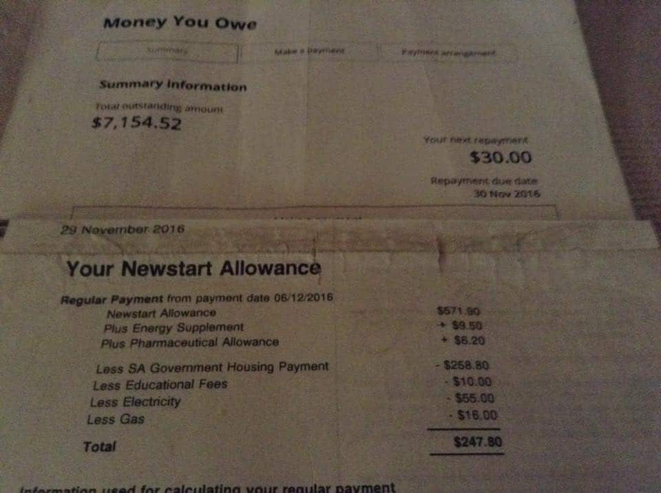 A photo of a statement from Centrelink to Elaine.