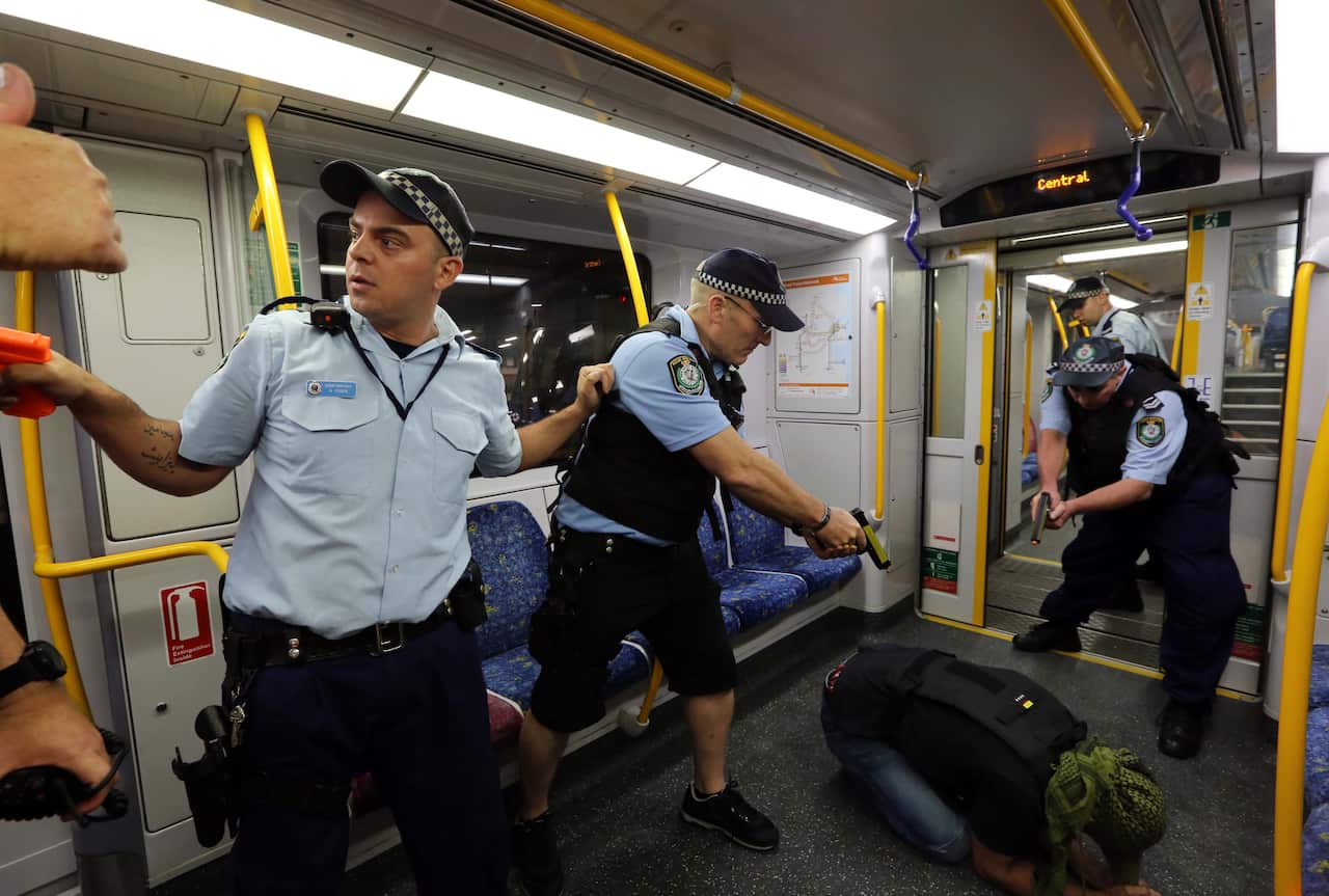NSW Police undergo training exersice in the case of a high-risk incident at Centrail Railway Station.