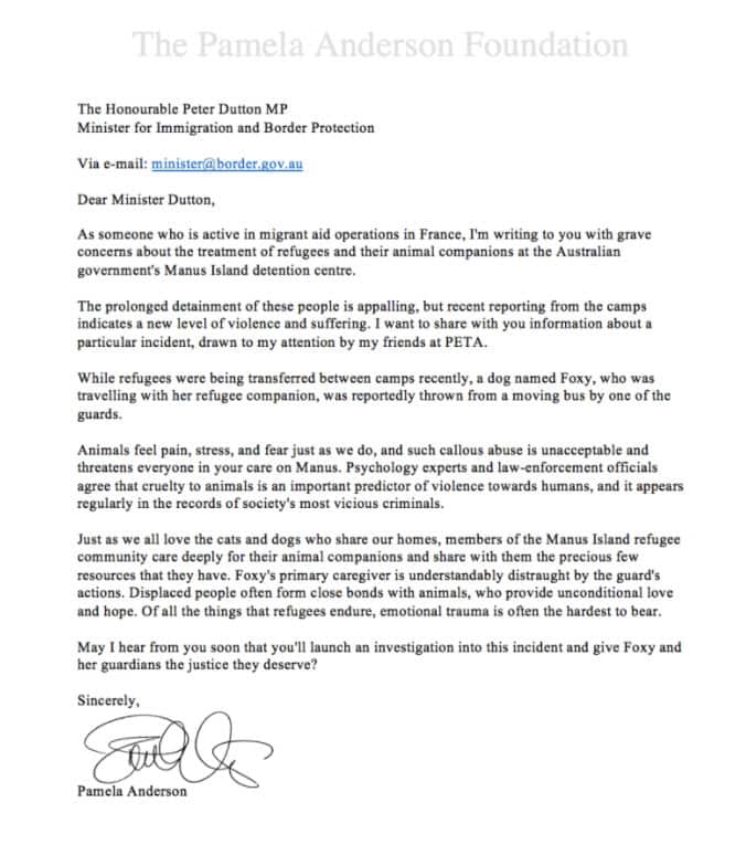 Pamela Anderson's letter to Peter Dutton.