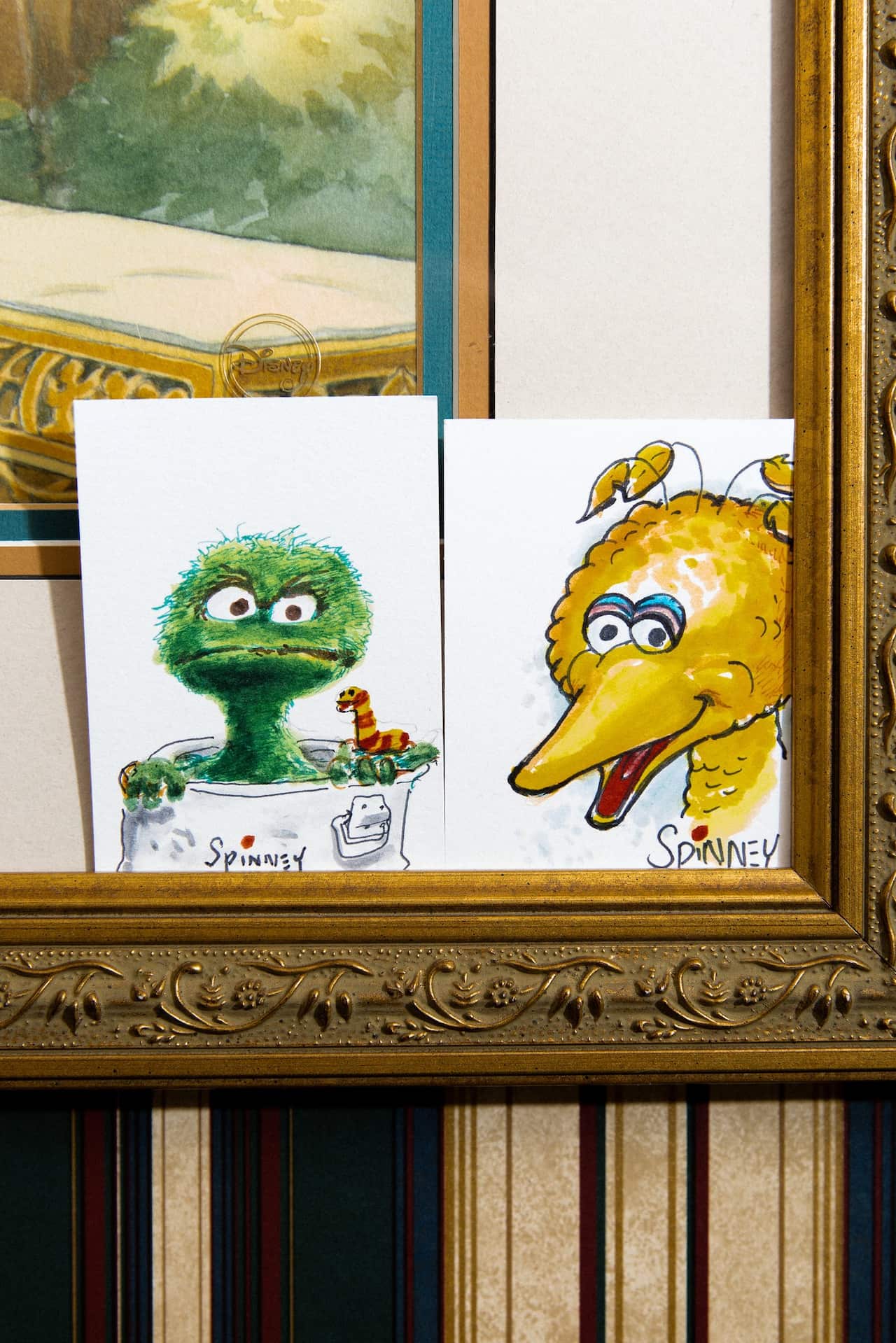 Spinney’s drawings of Big Bird and Oscar. Other performers will take over the characters.