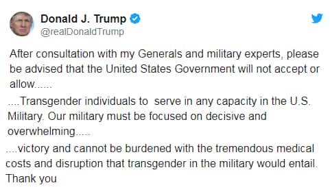 A series of Mr Trump's tweets from July 27, 2017.