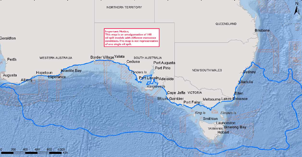 The "Worst Case Discharge Unmitigated Case" image from the report - amalgamating 100 oil spills.
