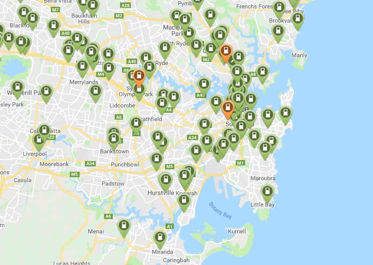 Charging stations around Sydney.