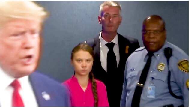 Greta Thunberg, 16, spots US President Donald Trump during the UN meetings.