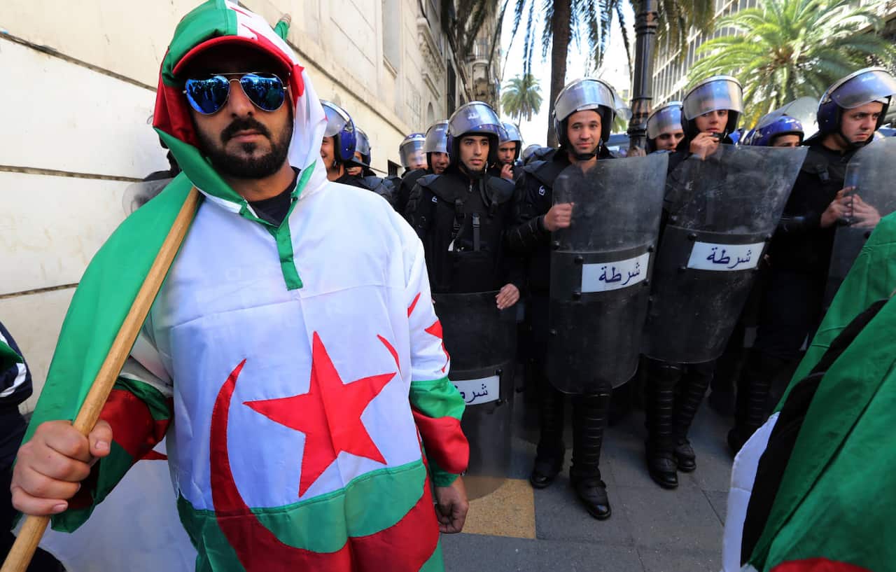 An Algerian protests against President Abdelaziz Bouteflika in Algiers, Algeria, 29 March 2019. 