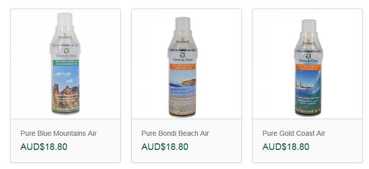 Bottles of air for sale on the Green and Clean website. 