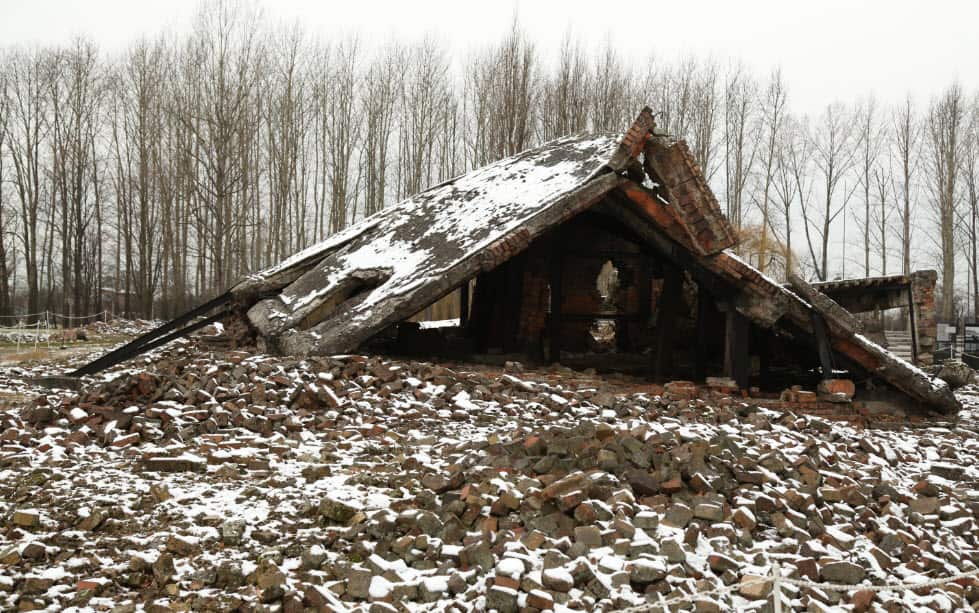 Metal support beams have been added to the ruins of gas chamber and crematoria II at Auschwitz-Birkeanu.