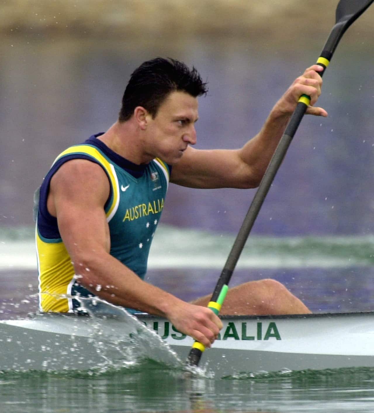 Australia's Nathan Baggaley during his semifinal 500m K1 heat Friday, Sept. 29, 2000, at the Sydney International Regatta Center in Penrith, Australia.
