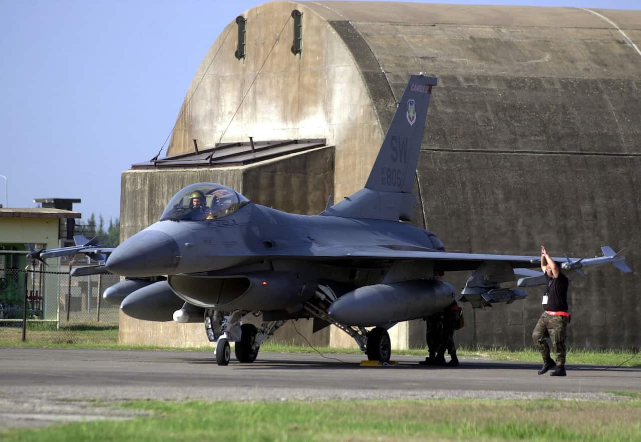 A US Air Force F-16C Falcon fighter about to  take off from Incirlik air base in Turkey. There are concerns about the nuclear weapons stored at the base.