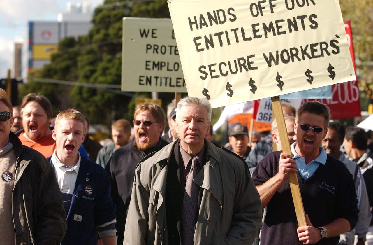 Doug Cameron, then national secretary of the Australian Manufacturing Workers Union, leads a protest in 2003