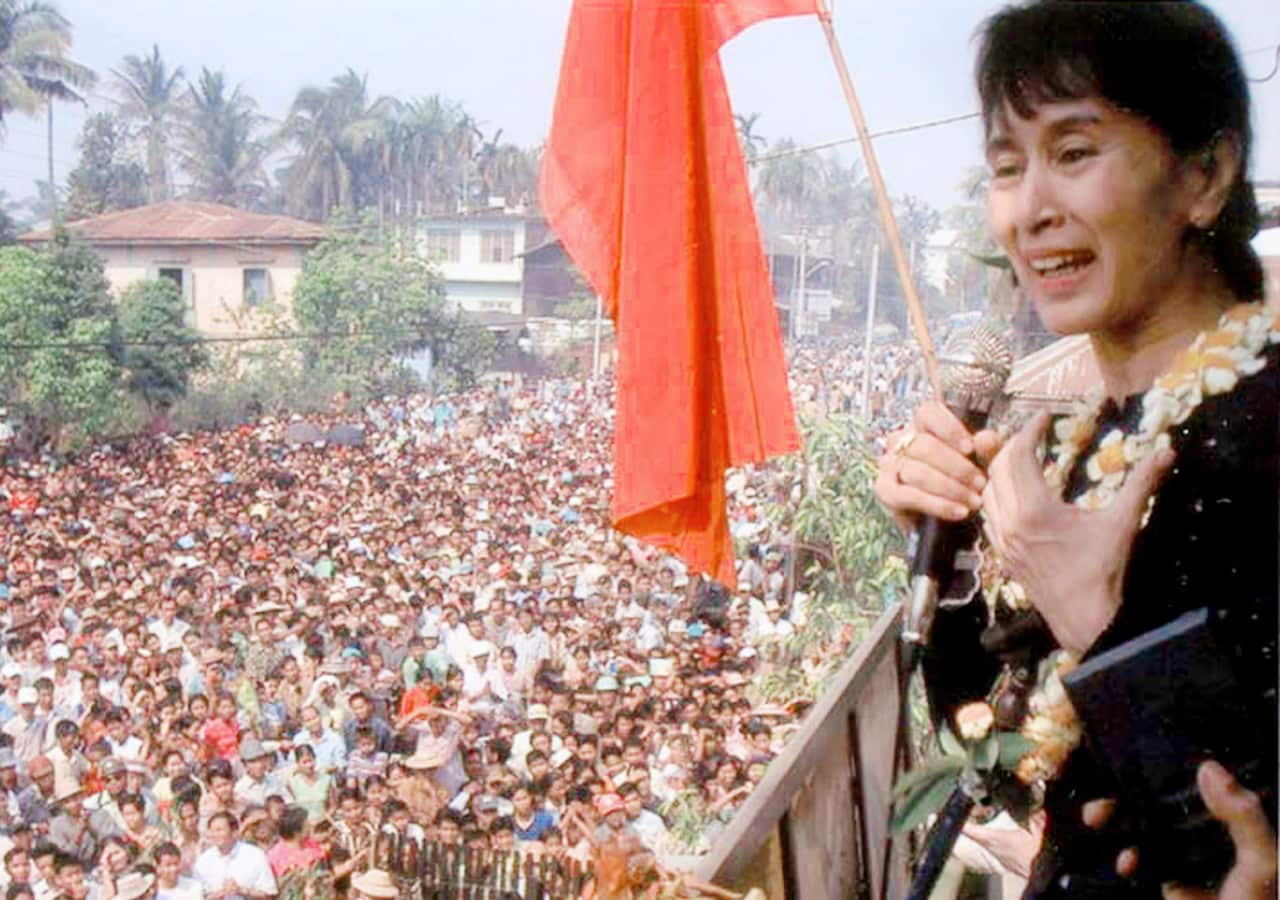 Myanmar pro-democracy leader Aung San Suu Kyi addresses a crowd in Arakan state in December 2002Asi photo provided by Southeast an human rights group Altsean Burma. Suu Kyi turns 58 on Thursday, June 19, 2003.