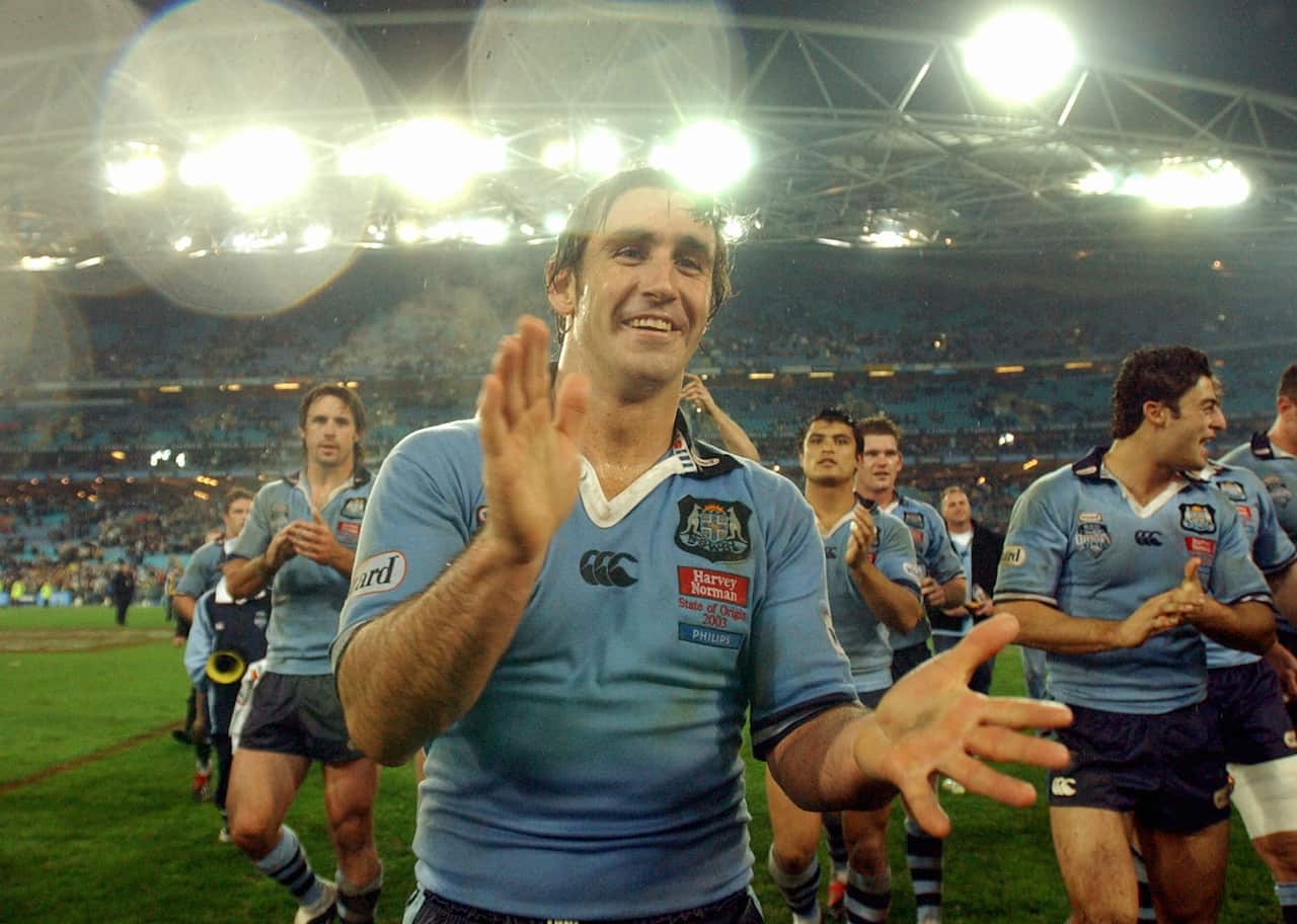 Sydney, June 25, 2003. NSW's Andrew Johns after winning game 2 of the State of Origin at Telstra Stadium. NSW defeated Queensland leaving game 3, a dead rubber, to be played at Brisbane's Lang Park. (AAP Image/Dean Lewins) NO ARCHIVING