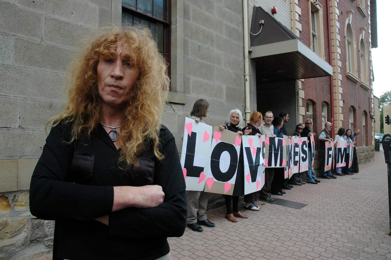 Transgender woman Martine Delaney and protesters outside the Tasmanian Liberal headquarters in Hobart, 2006. 