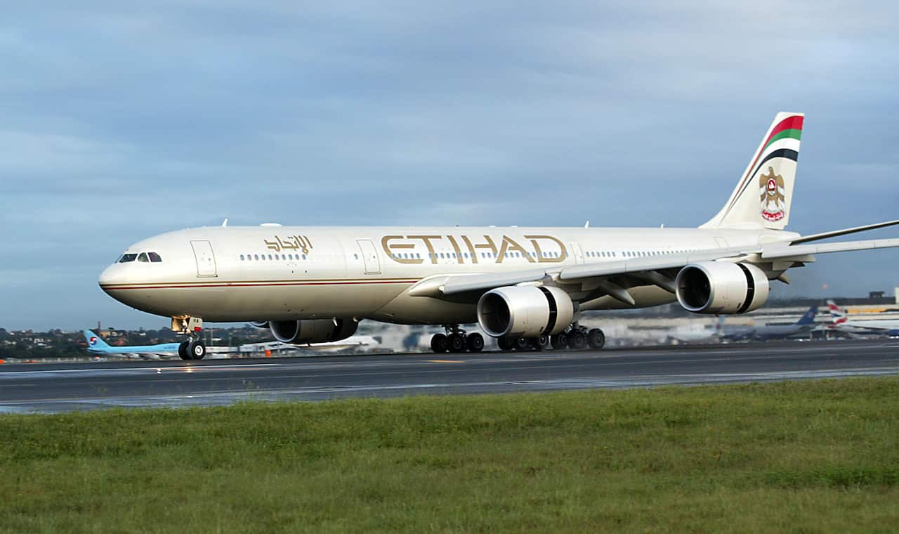 A file photo of a a Etihad Airways plane landing in Sydney.