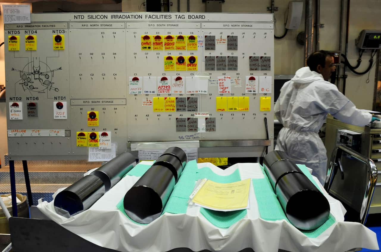 Silicon ingots prepare to be 'doped' to enhance their electronic properties at the Opal nuclear research reactor at Lucas Heights in Sydney, 2008. 