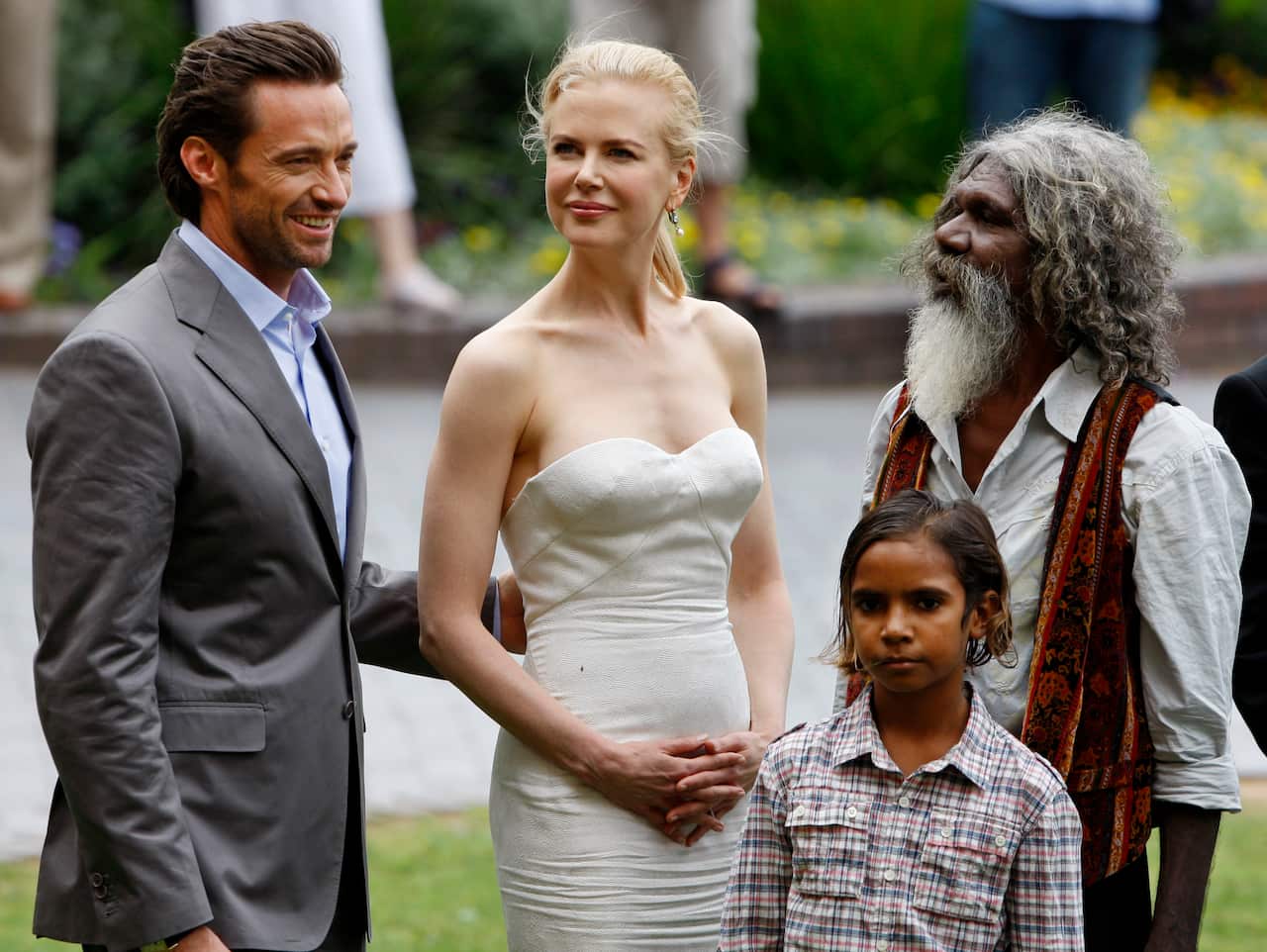 Hugh Jackman, Nicole Kidman, Brandon Walters and David Dalaithngu during pose for photos for their movie "Australia" in Sydney in 2008. 