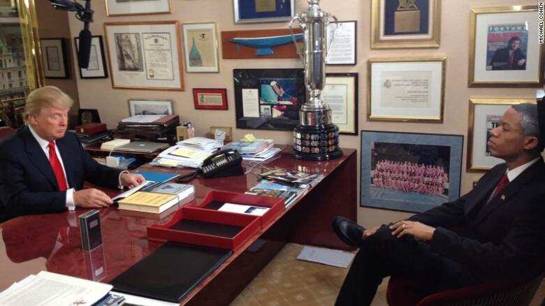 Donald Trump and a man playing Barack Obama in a shoot for a parody-style video allegedly made in 2016.