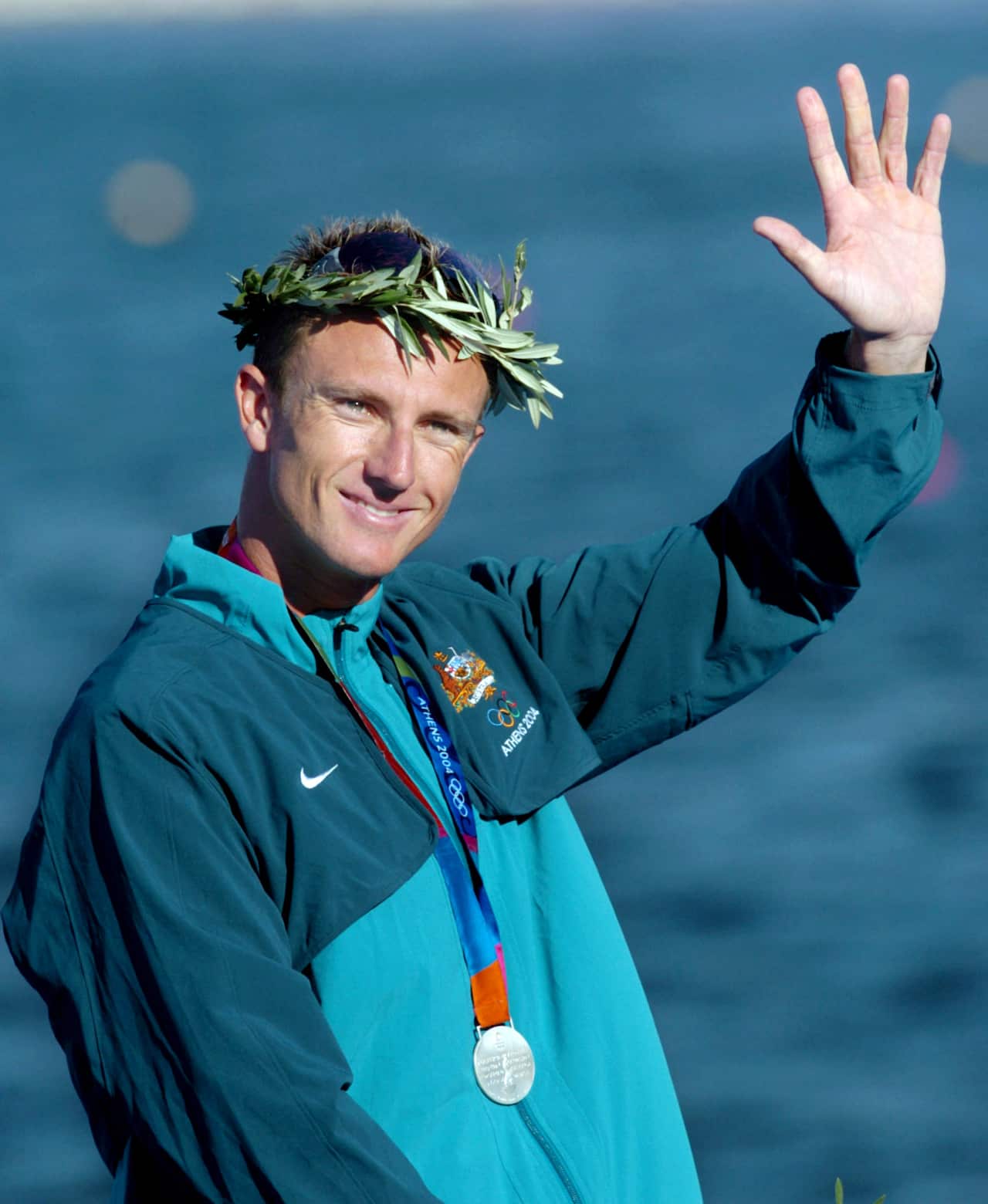 Australian Nathan Baggaley celebrating receiving a silver medal in the K1 500 mens event at the 2004 Olympic Games in Athens.