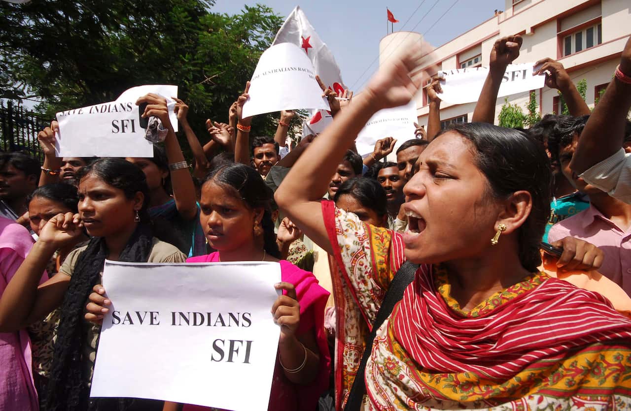Members of Students Federation of India during a protest rally against recent attacks on Indian students in Australia, in Hyderabad, India in 2009.