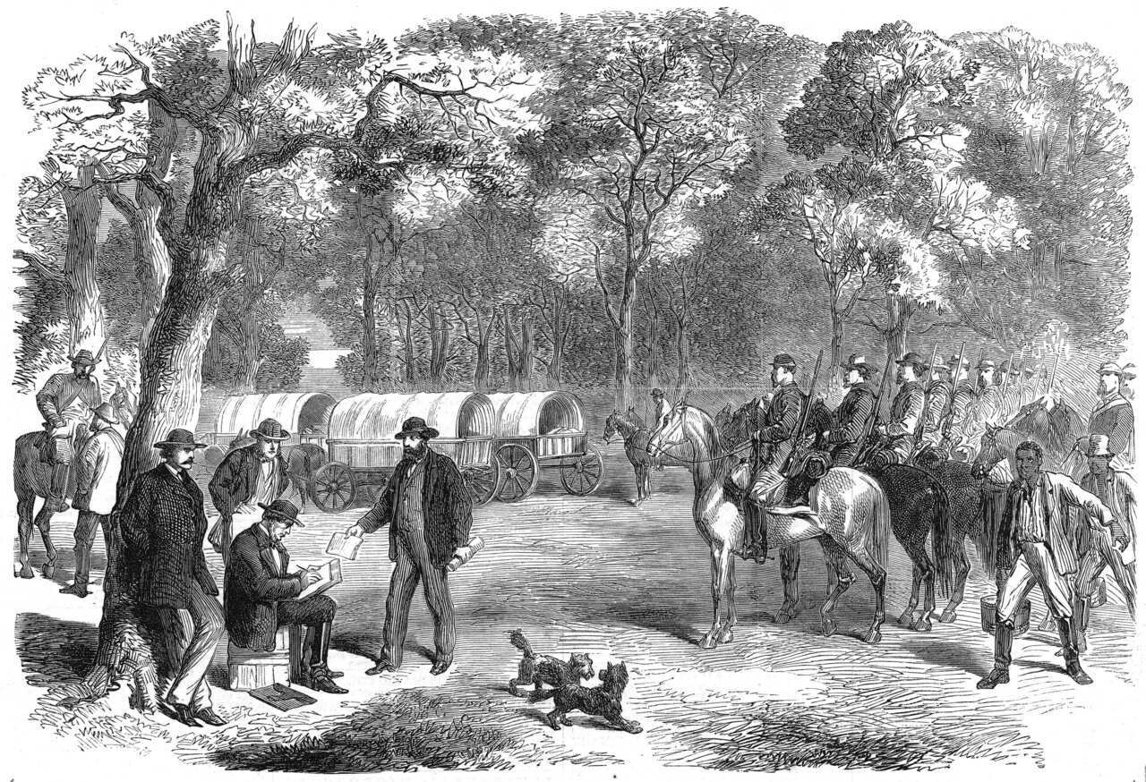 Engraving showing the President of the Confederate States, Jefferson Davis, signing an Act of Government by the roadside in 1865.