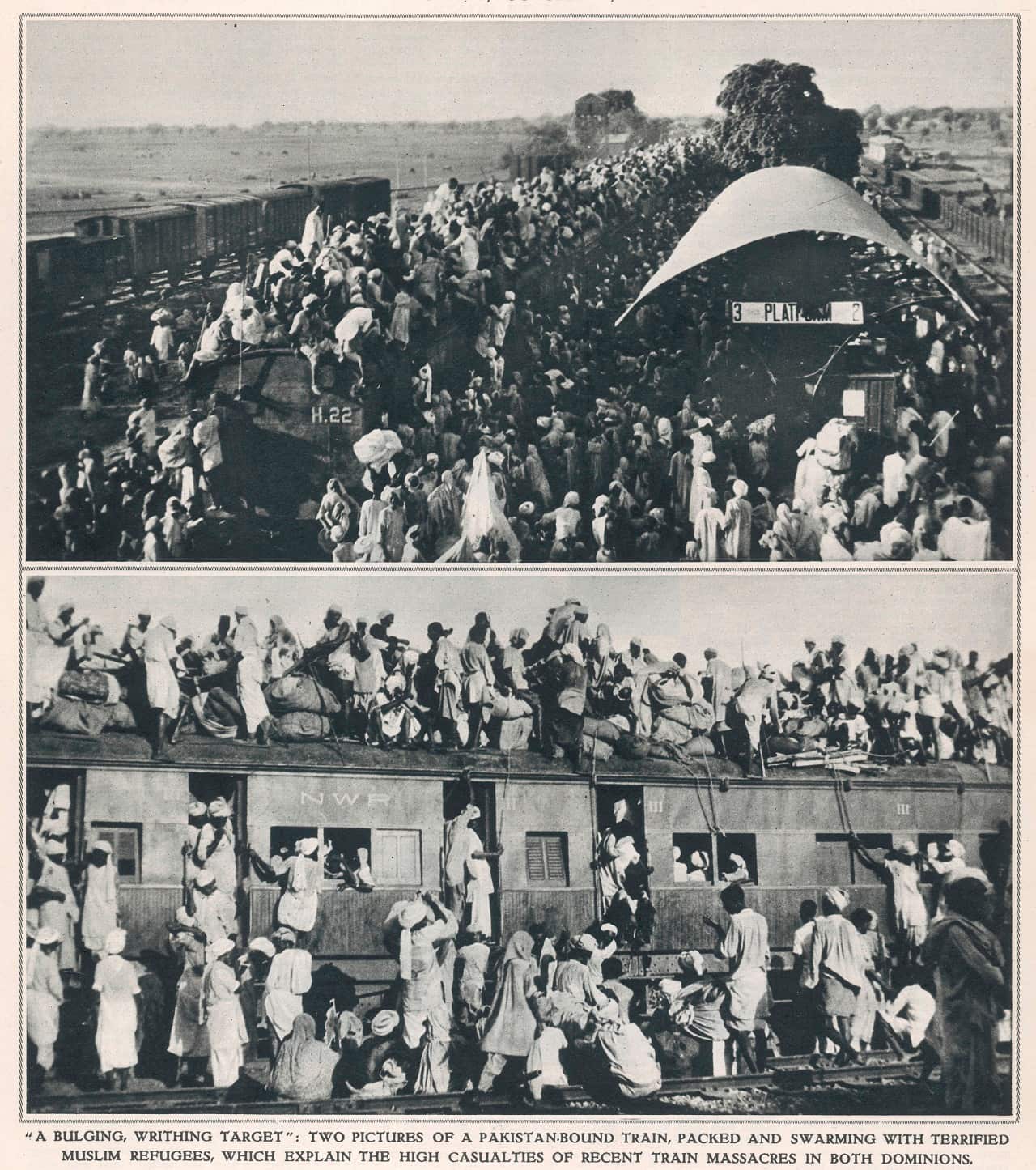 Two trains packed with Muslim refugees en route from Delhi to Pakistan. Date: 1947