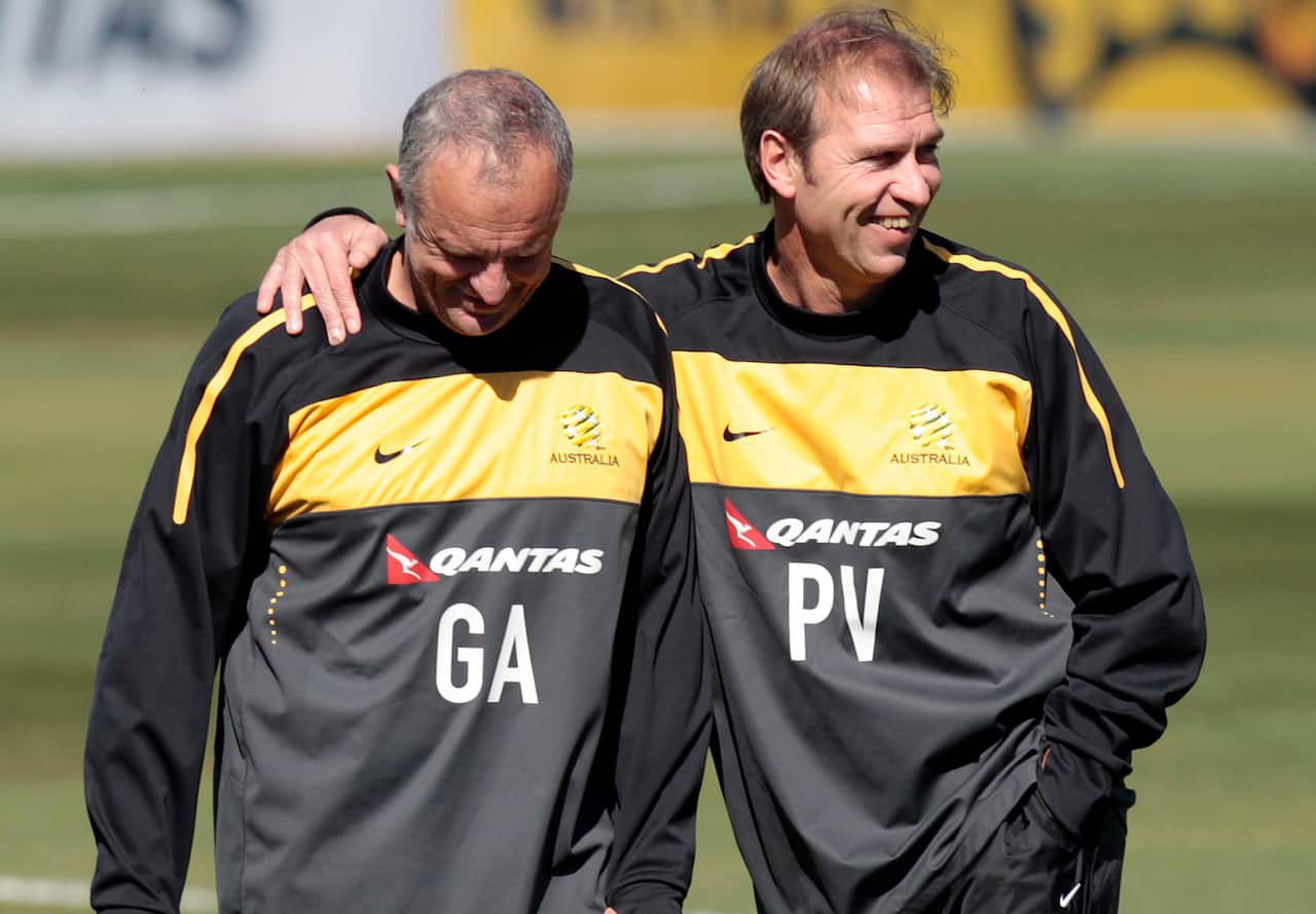 Australia's head coach Pim Verbeek of the Netherlands right, and assistant coach Graham Arnold during a training session in Johannesburg, South Africa.