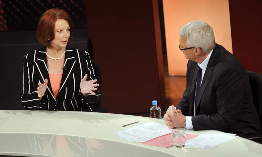 Then Prime Minister Julia Gillard speaks to host Tony Jones on Q&A in Adelaide, Monday, Aug. 9, 2010. (AAP)