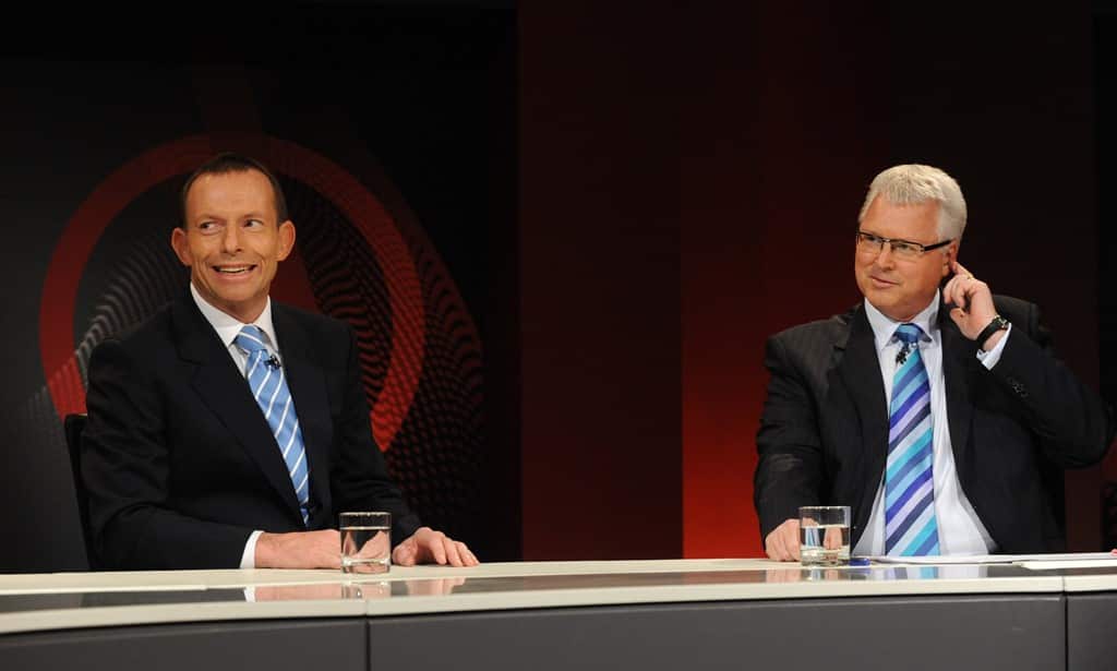 Then Opposition Leader Tony Abbott with presenter Tony Jones during the ABC's Q&A television program at the Casula Powerhouse in Sydney, Monday, Aug. 16, 2010. (AAP)