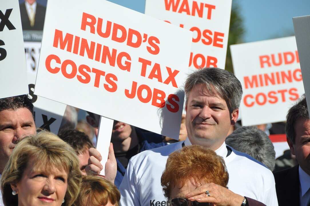 2010: Mathias Cormann at a rally protesting a Kevin Rudd government's mining super profit tax.
