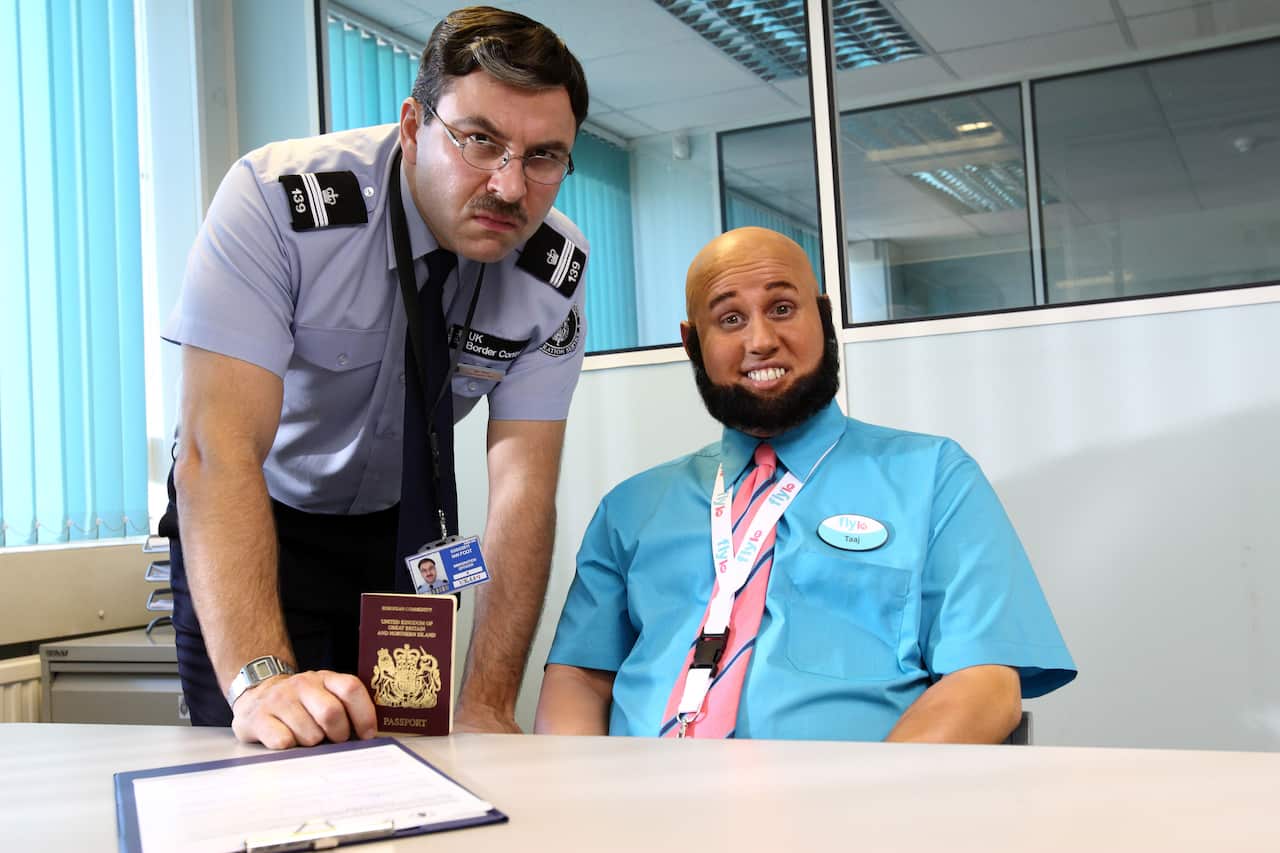 David Walliams as immigration officer Ian Foot and Matt Lucas as low cost airline FlyLo's roving ground crew member Taaj in Come Fly With Me.