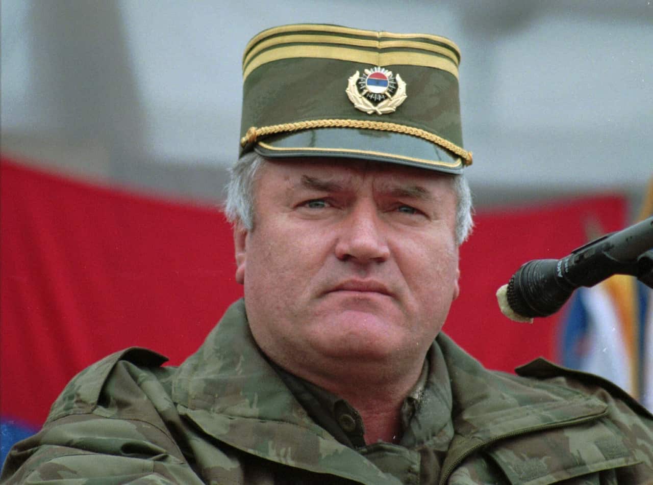 Bosnian Serb army commander Ratko Mladic addresses his troops in the eastern Bosnian town of Vlasenica in December 1995.