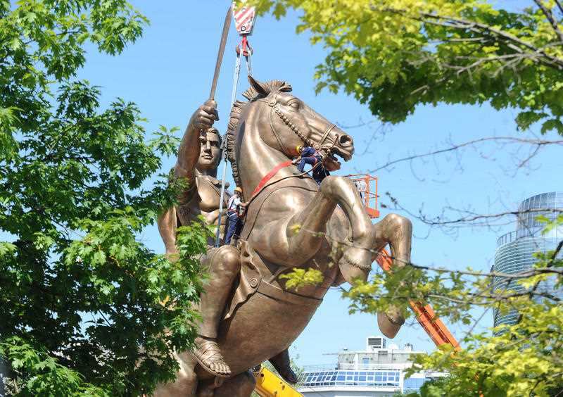 The controversial giant bronze statue of Alexander the Great in the main square of Skopje.