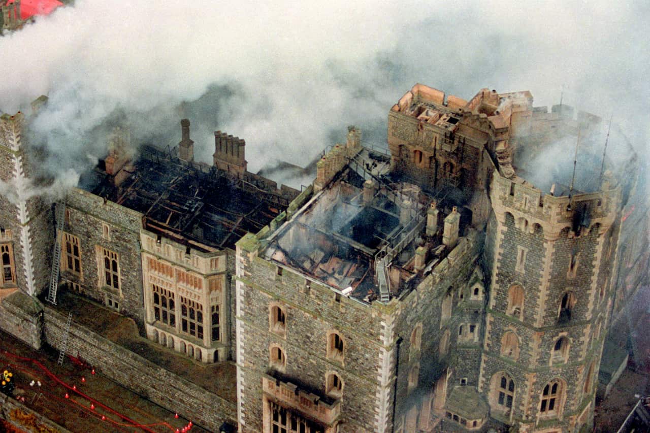 An aerial view of Windsor Castle showing the damage caused by the fire. 20 Nov 1992